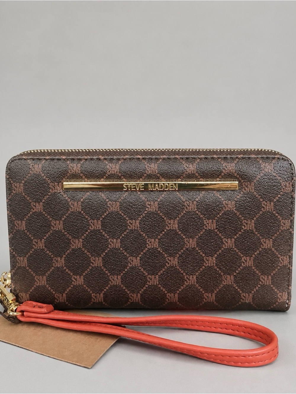 Steve Madden Brown Monogram Zip Around Wallet Wristlet Gold Hardware